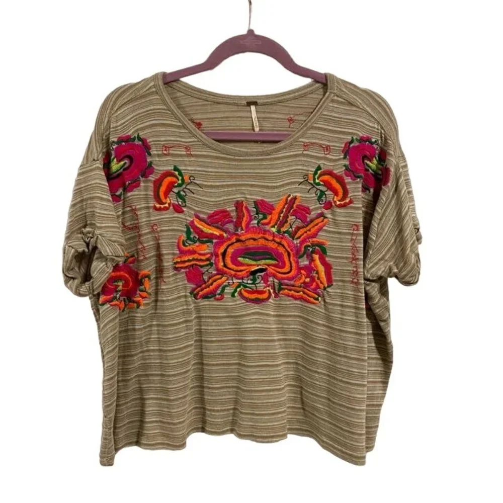 Free People Catalunya Embroidered Striped Cuffed Sleeves Top Size S